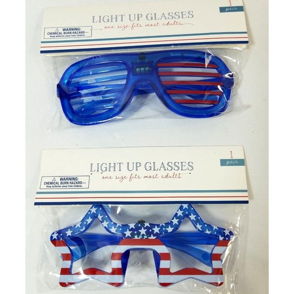Light-up Sunglasses Patriotic 2 pairs for Adults Blue Stars and stripes - Picture 1 of 5